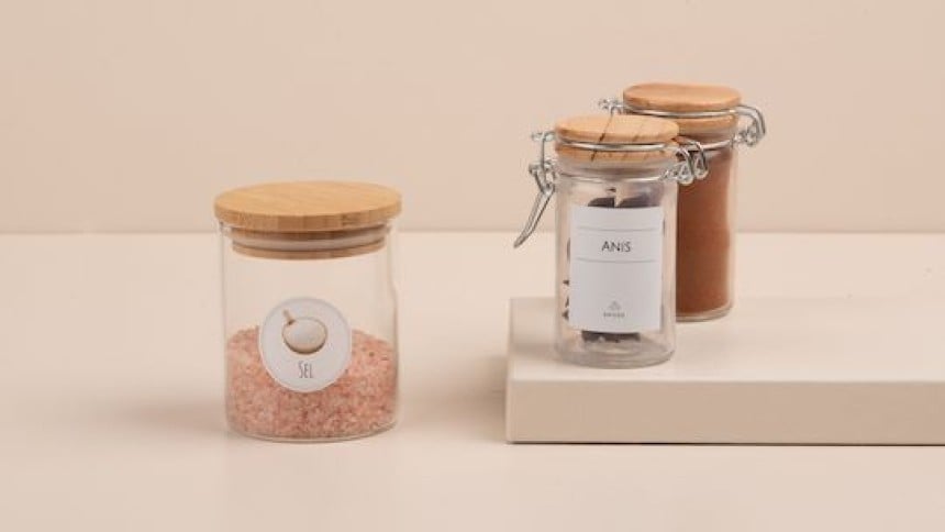 Etiquettes pour la cuisine collées sur des bocaux pour épices et aliments en vrac