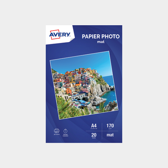 PAPIER PHOTO AVERY BRILLANT 250G A4 PAQUET DE 20 FEUILLES