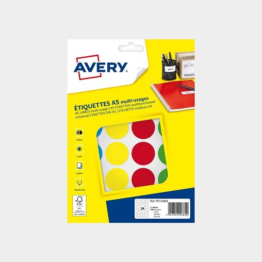 Avery Pastilles autocollantes diamètre 30 mm Rouge x 240