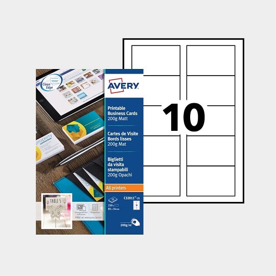 Avery C32010-25 Visitekaartjes – Microgeperforeerd, 185 G/m², 250 Stuks, 85x54 Mm, Voor Inkjet/Laser/Kopieerapparaat