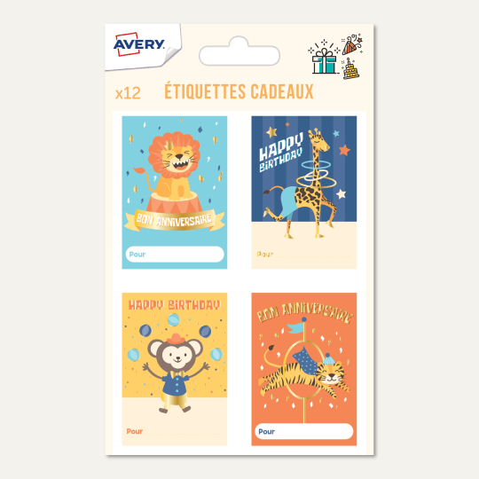 étiquettes cadeaux colorées pour un anniversaire