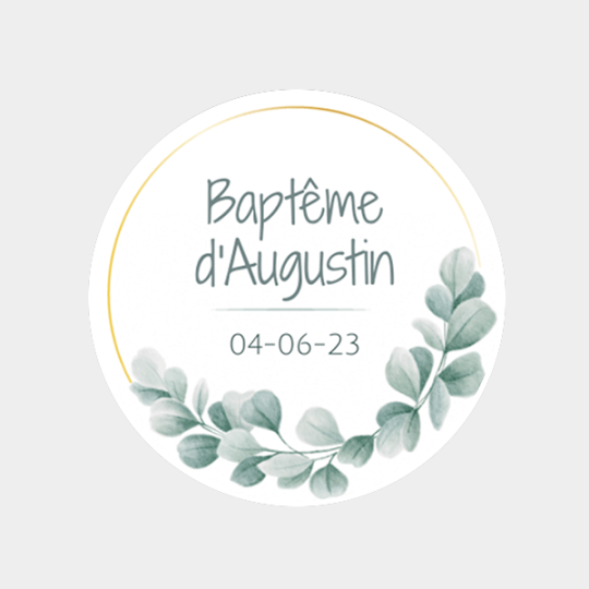 design d'étiquette ronde pour baptême avec motif eucalyptus