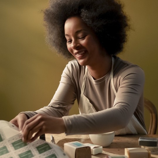 Entrepreneur collant des étiquettes personnalisées sur des savons artisanaux