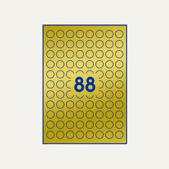 88 pastilles dorées autocollantes rondes par planche A4