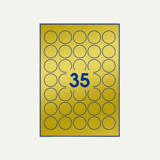 35 pastilles dorées autocollantes rondes par planche A4