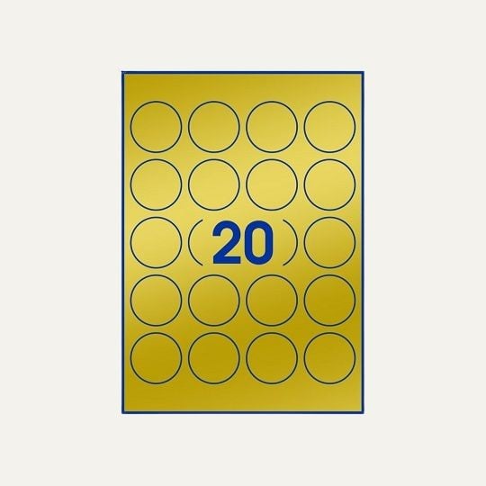 20 pastilles dorées autocollantes rondes par planche A4