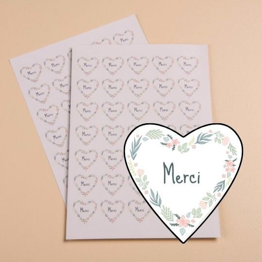 140 étiquettes merci coeur et fleurs en planche