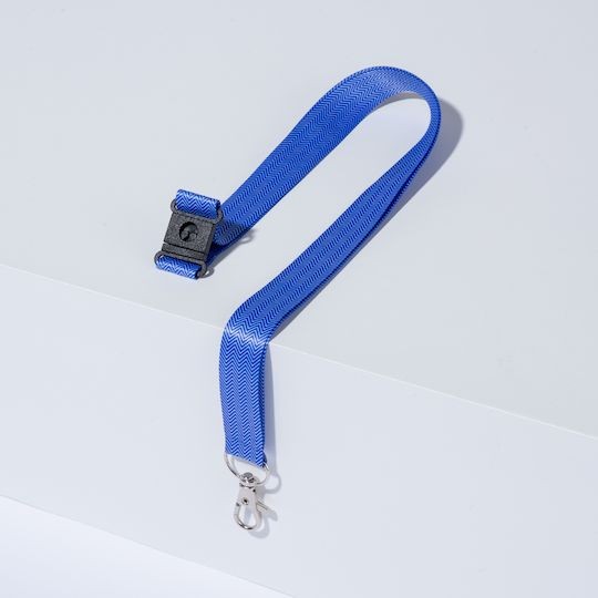 Tour de cou recyclé bleu et blanc motif chevron pour badge avec mousqueton et clip de sécurité