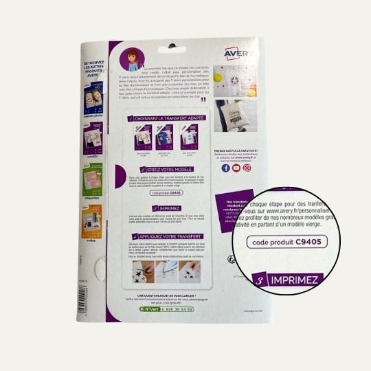 Image illustrant l'emplacement du code logiciel avery sur pack transfert textile