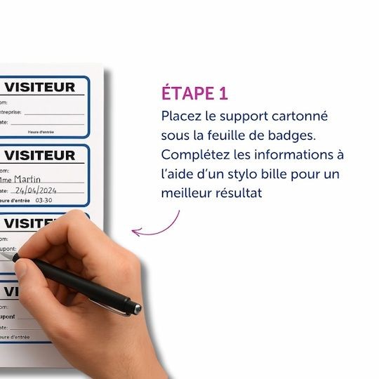 Schéma explicatif montrant comment placer le support cartonné sous les badges et compléter le badges