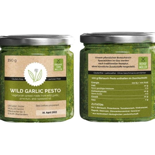 pot de pesto avec étiquette réglementaire alimentaire