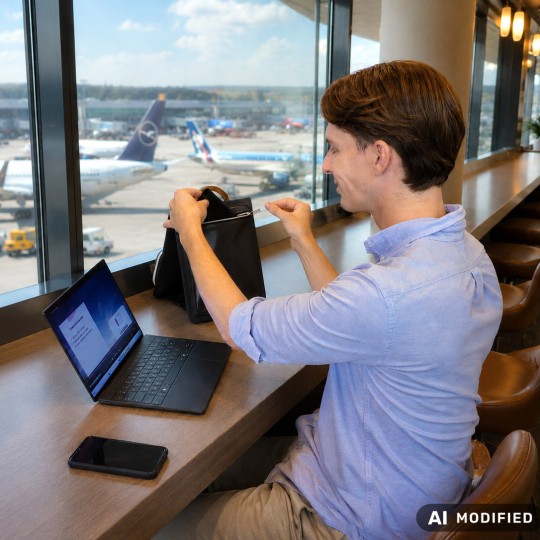 Utilisation de la pochette nomade de bureau dans un aéroport