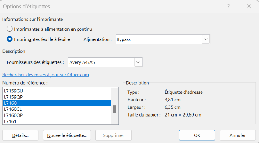 Modèle Avery dans Microsoft Word