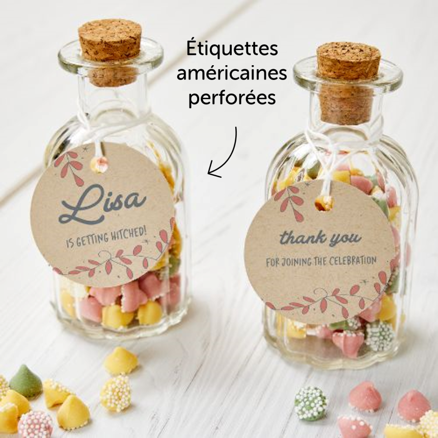 Etiquettes personnalisées perforées en papier kraft pour fioles de confiserie