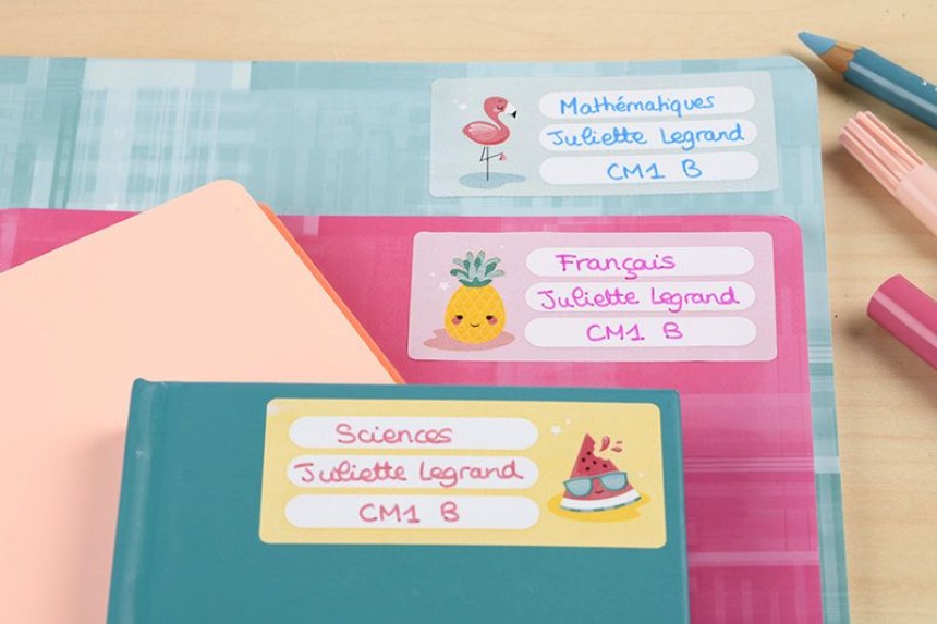 Etiquettes cahiers avec motif flamant rose, ananas et pastèque