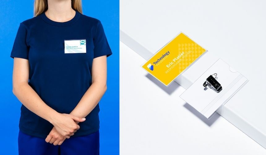 Porte badge clip et épingle montré seul et porté