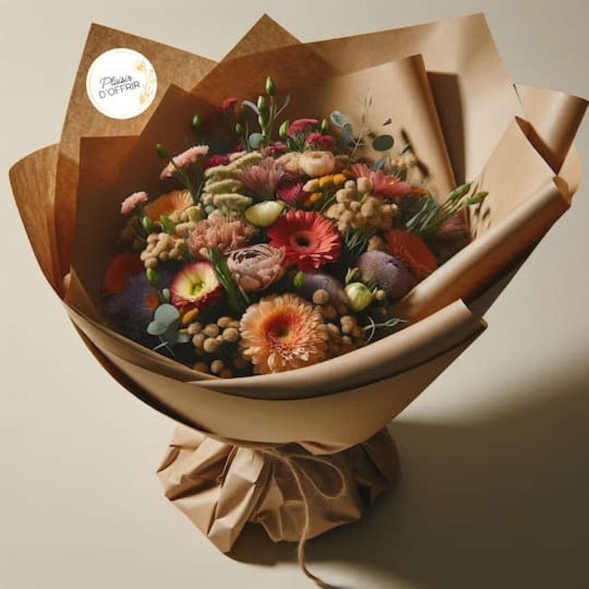 Etiquettes plaisir d'offrir collée sur un bouquet de fleurs