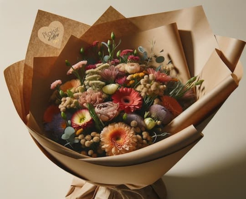 étiquettes plaisir d'offrir effet kraft en forme de coeur sur un bouquet de fleur