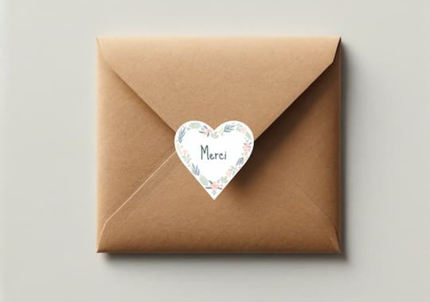 étiquettes merci en forme de coeur fleuri pour sceller une enveloppe