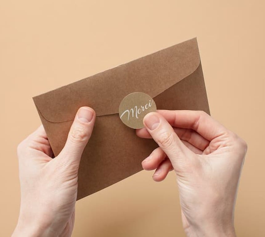 stickers merci effet kraft pour sceller une enveloppe