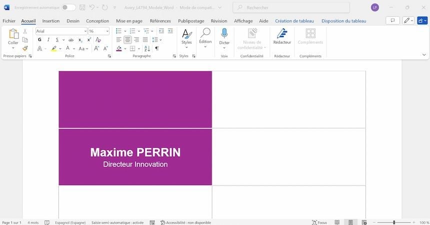 Personnalisation de chevalet porte-nom dans word