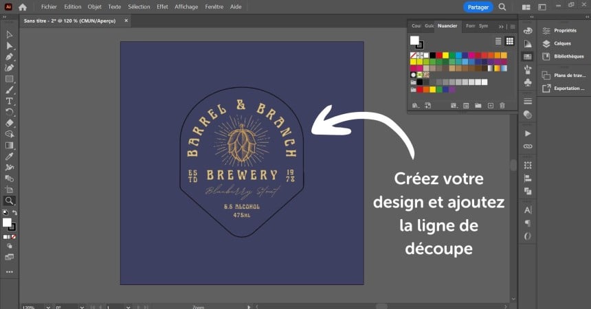 Capture d'écran du logiciel Adobe illustrator pour montrer l'intégration d'une ligne de découpe Stanze autour d'un design