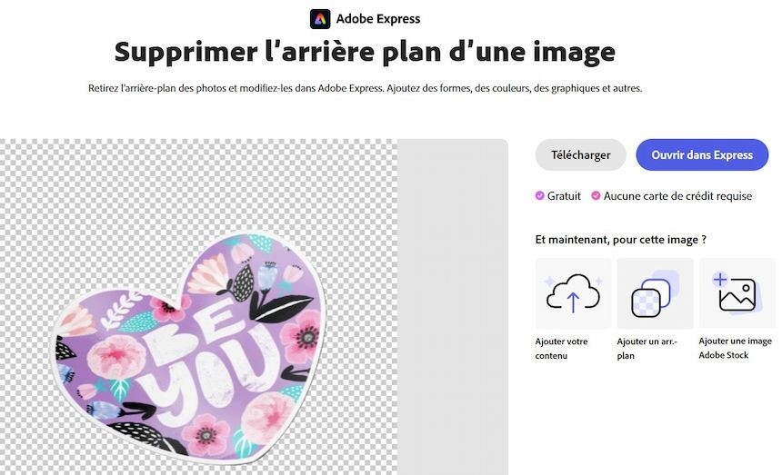 Capture écran montrant la suppression de l'arrière-plan d'une image avec Adobe Express