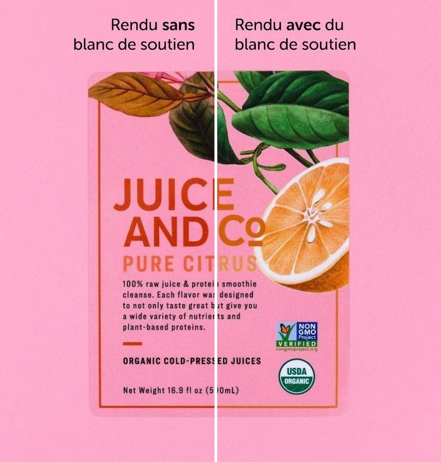 Schéma explicatif comparant le rendu imprimé sur une étiquette transparente sans blanc de soutien à gauche et avec blanc de soutien à droite