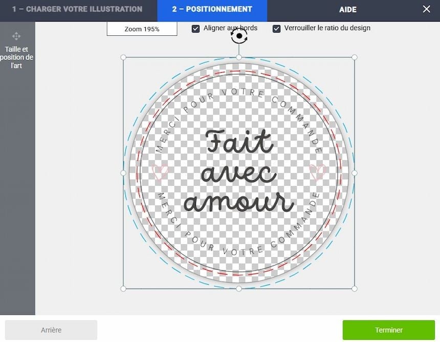 Capture d'écran de l'interface d'import de fichier du service d'impression Avery montrant un fichier avec fond transparent