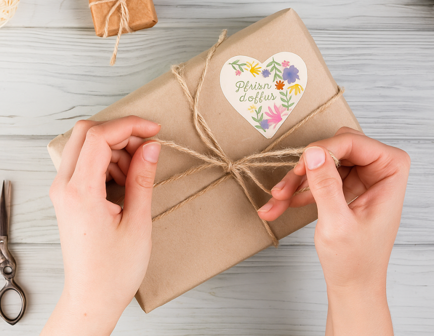 Etiquettes plaisir d'offrir en forme de coeur sur une boîte