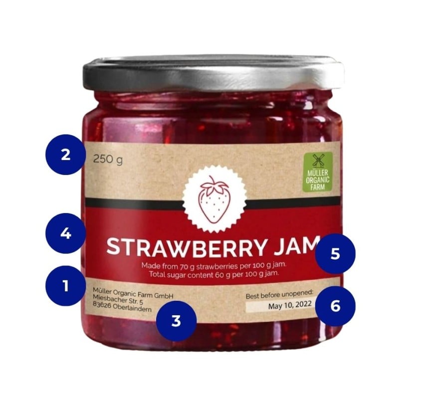 Pot de confiture avec étiquette réglementaire