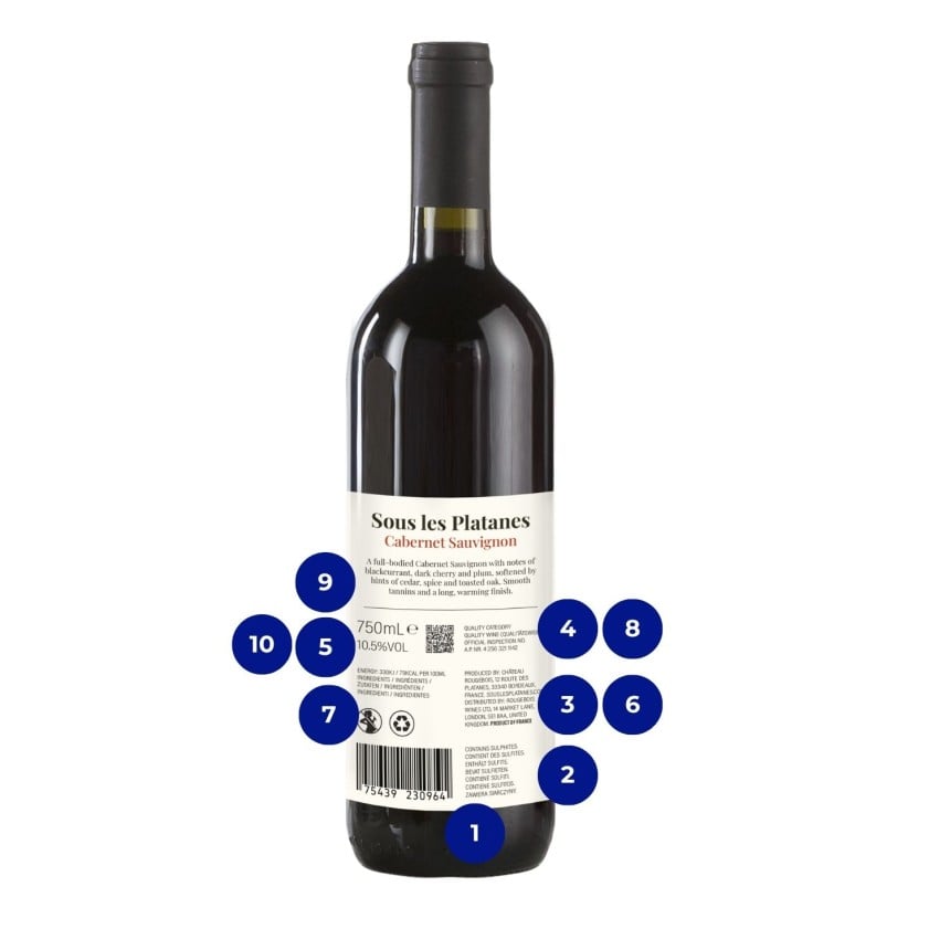 bouteille de vin avec étiquette réglementaire 