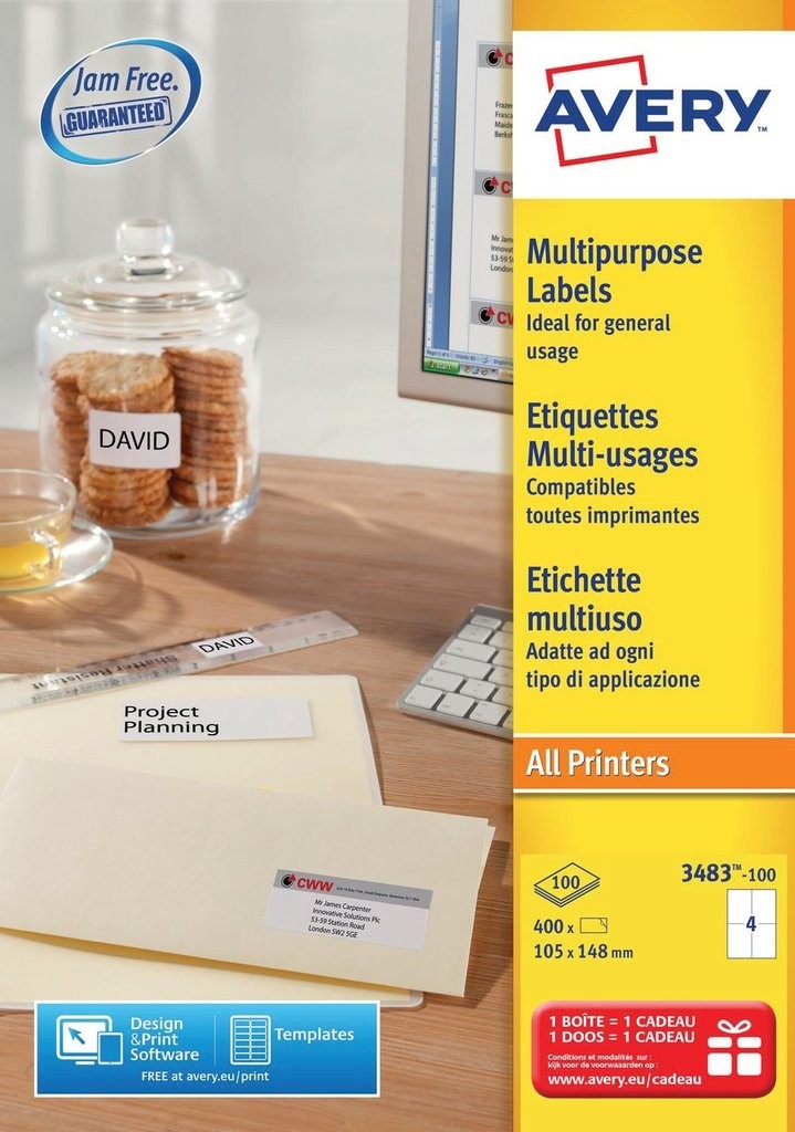 Avery 400 Étiquettes Autocollantes Multi-usages 210x148mm - Impression Laser Jet D'Encre - Blanc
