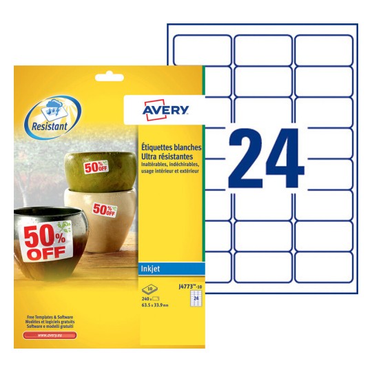 Etiquette ultra-résistante J4773-10 Contenu: 240 Etiquettes / 10 Feuilles