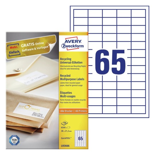 Etiquettes multi-usages recyclées LR3666 Contenu: 6.500 Etiquettes / 100 Feuilles
