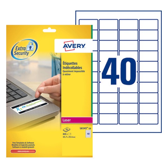 Etiquette indécollable, antieffraction L6145-20 Contenu: 800 Etiquettes / 20 Feuilles