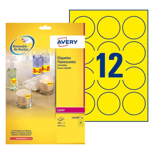 Etiquettes Fluorescentes L7670Y-25 Contenu: 300 Etiquettes / 25 Feuilles