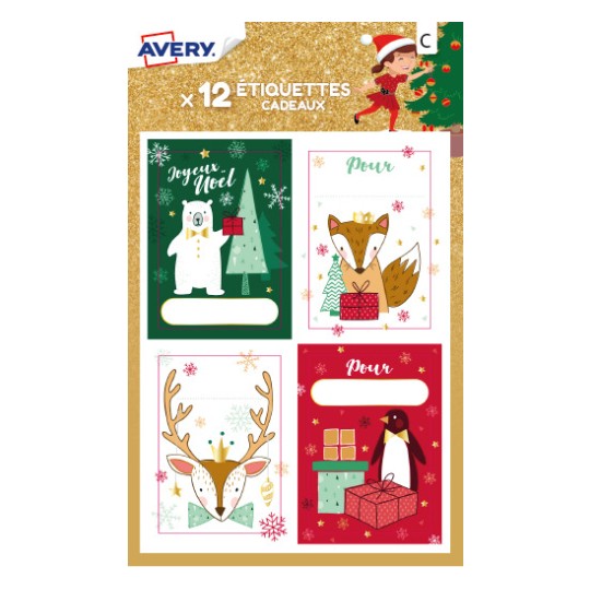 12 étiquettes cadeaux de Noël, ours polaire et renard NGIFT04