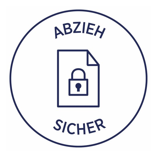 L'image montre un document avec un cadenas, accompagné des mots 'ABZIEH' et 'SICHER', indiquant une sécurité de retrait.
