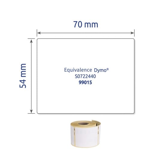 L'image représente des étiquettes de marque Dymo avec des dimensions de 70 mm par 54 mm, ainsi qu'un rouleau de ces étiquettes.