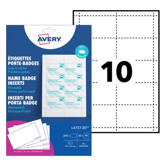 C'est une image d'un paquet d'inserts pour badges nominatifs de la marque Avery, avec des étiquettes micro perforées et des instructions pour l'insertion facile.