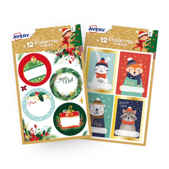 Lot de 2 sachets d’étiquettes cadeaux de Noël motifs traditionnels rouge et  vert & animaux