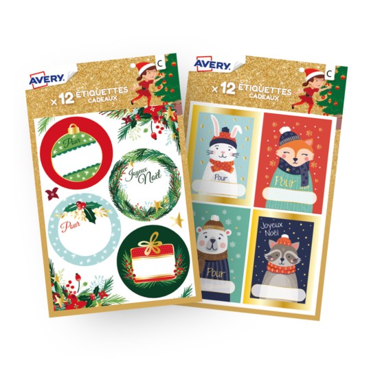 Lot de 2 sachets d’étiquettes cadeaux de Noël motifs traditionnels rouge et vert & animaux XMASBUNDLE1