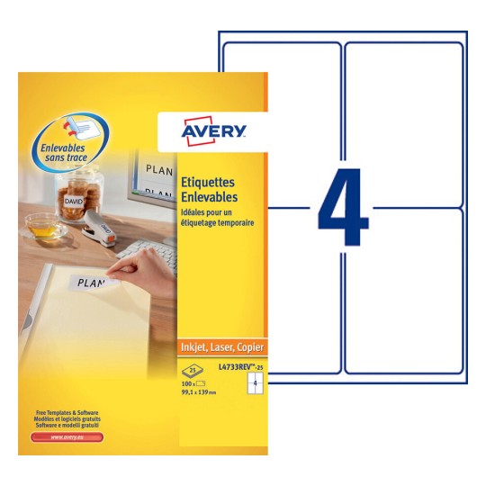 Etiquettes enlevables L4733REV-25 Contenu: 100 Etiquettes / 25 Feuilles