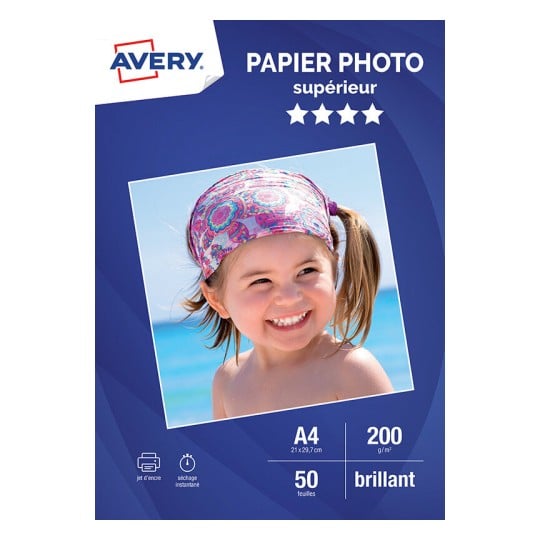 Papier photo brillant AVERY - 50 feuilles 200g-m² - Format A4 - Impression  jet d'encre