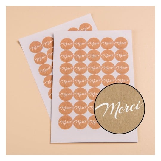 140 étiquettes Merci rondes effet kraft autocollantes en planche - papier recyclé ISMERCI140K