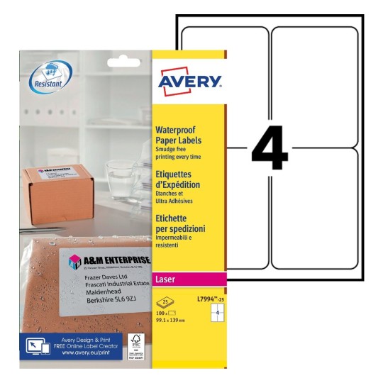 Etiquettes Etanches Ultra-Adhésives L7994-25 Contenu: 100 Etiquettes / 25 Feuilles