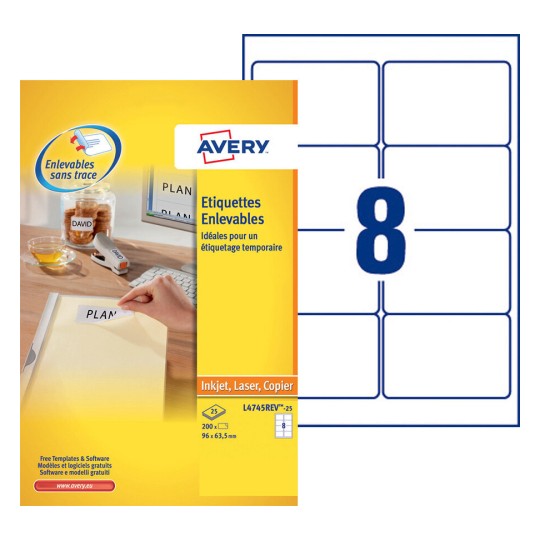 Etiquettes enlevables L4745REV-25 Contenu: 200 Etiquettes / 25 Feuilles