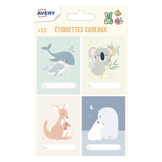 12 étiquettes cadeaux naissance et anniversaire - thème bébés et animaux JGIFT01