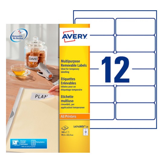 Etiquettes enlevables L4743REV-25 Contenu: 300 Etiquettes / 25 Feuilles